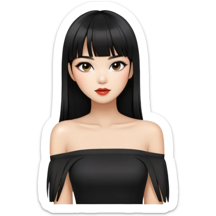 chic woman with Asian skin, black long straight bangs, wearing a black off-shoulder top, and makeup sticker