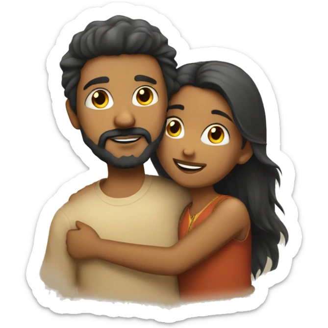 an indian girl hugging an indian boy with a beard fluffy hair and a goatee sticker