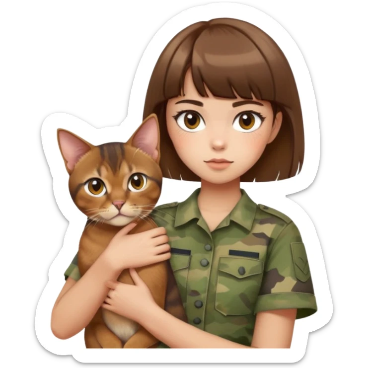 a girl with short brown hair and bangs holding an Abyssinian cat, wearing camouflage short sleeves , White skin, powder blusher sticker