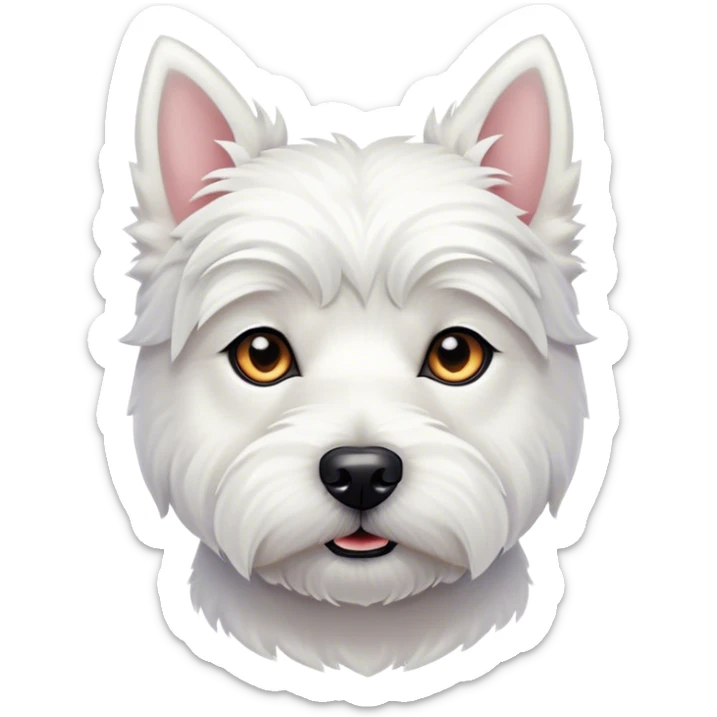 Cinematic Noble West Highland White Terrier Portrait Emoji, Poised and regal, with a compact, sturdy build and a pristine, well-groomed pure white coat, deep-set soulful dark eyes, Simplified yet sharp and sophisticated features, highly detailed, glowing with a soft, dignified glow, high shine, intelligent and loyal, stylized with an air of confidence, focused and attentive, soft glowing outline, capturing the essence of a watchful and determined companion, so majestic it feels as though it could trot out of the screen with effortless authority! sticker