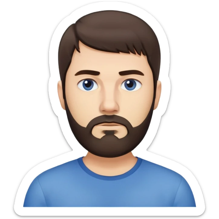 Caucasian man with straight dark brown hair styled loose with fringe, short full beard, neutral serious expression, simple blue shirt sticker