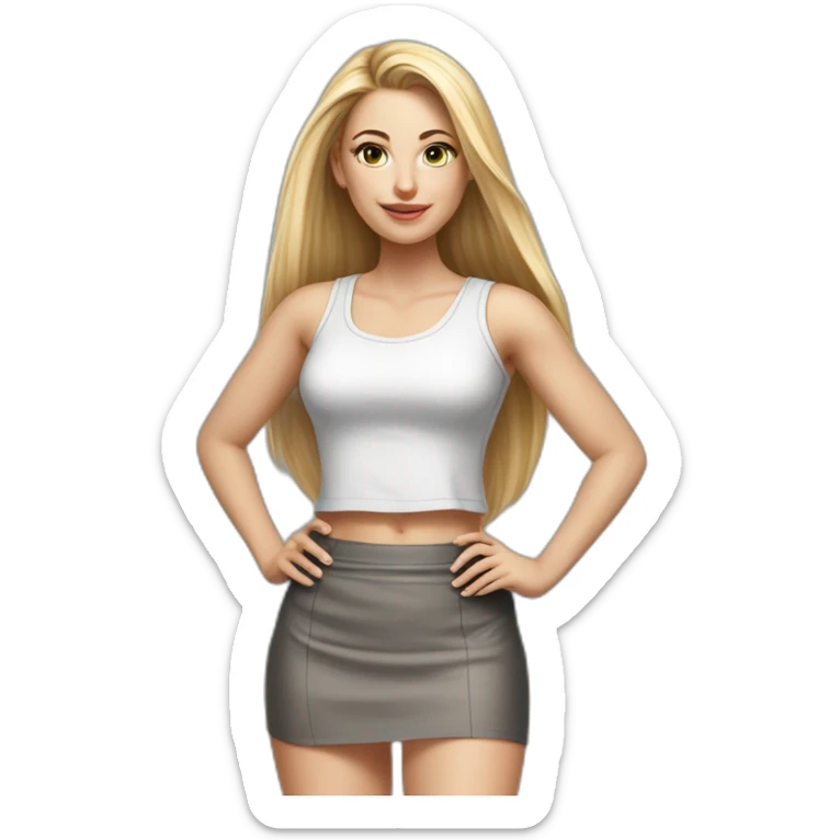 caucasian woman, with long straight hair, blonde hair, brown eyes, white tank top, gray tight mini skirt, black shoes, full body, hyperrealist drawing sticker