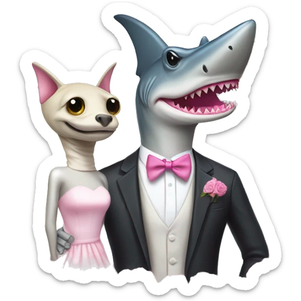 hammerhead shark in a suit with a pink cat in a wedding dress sticker