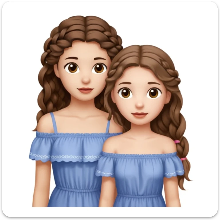 Two girls. The first one is very tall, has mid length brown very wavy hair, full lips, hazel eyes, wearing a cute off shoulder summer dress, she is also thin. The other one, quite shorter, long brown straight hair in one braid, hazel eyes. She is athletic a little bit.  sticker