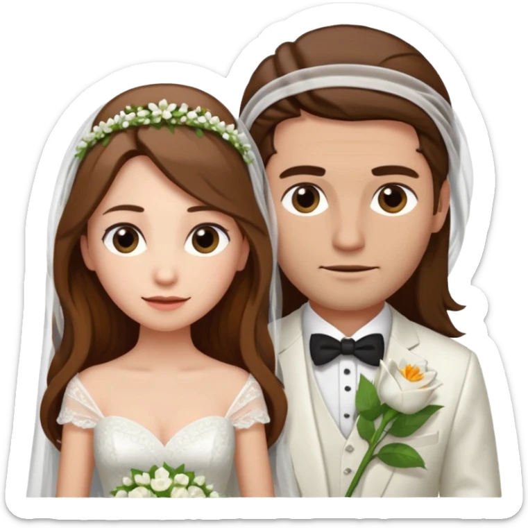 A woman with long brown hair and fair skin, wearing her hair half-up, dressed in a wedding gown with a veil. And a man with short brown hair and fair skin (without a mustache), wearing a white suit with a flower.
 sticker