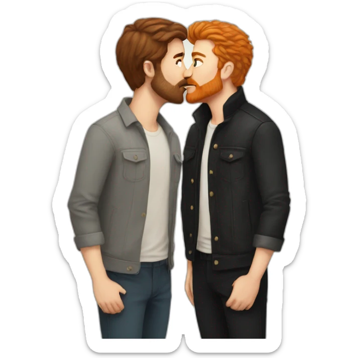 White Man with brown hair and ginger beard kissing white man with black hair sticker