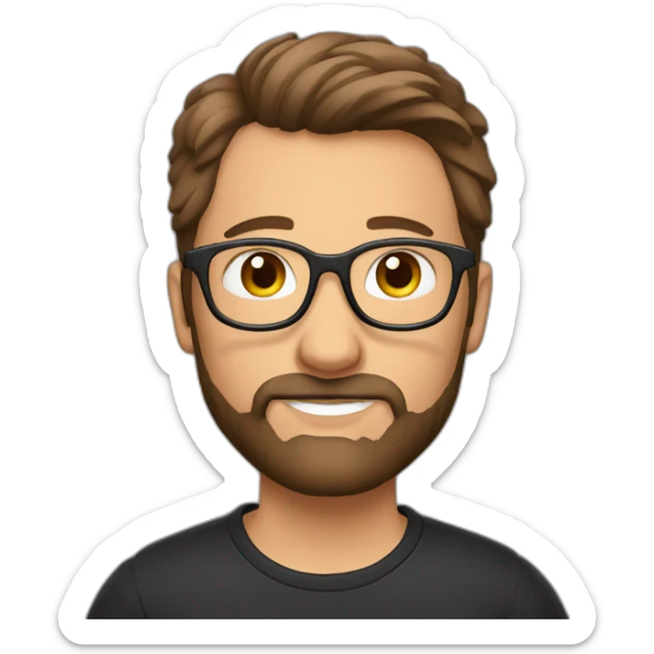 german guy with short brown hair up and beard wearing glasses and dark t-shirt with flowers print sticker