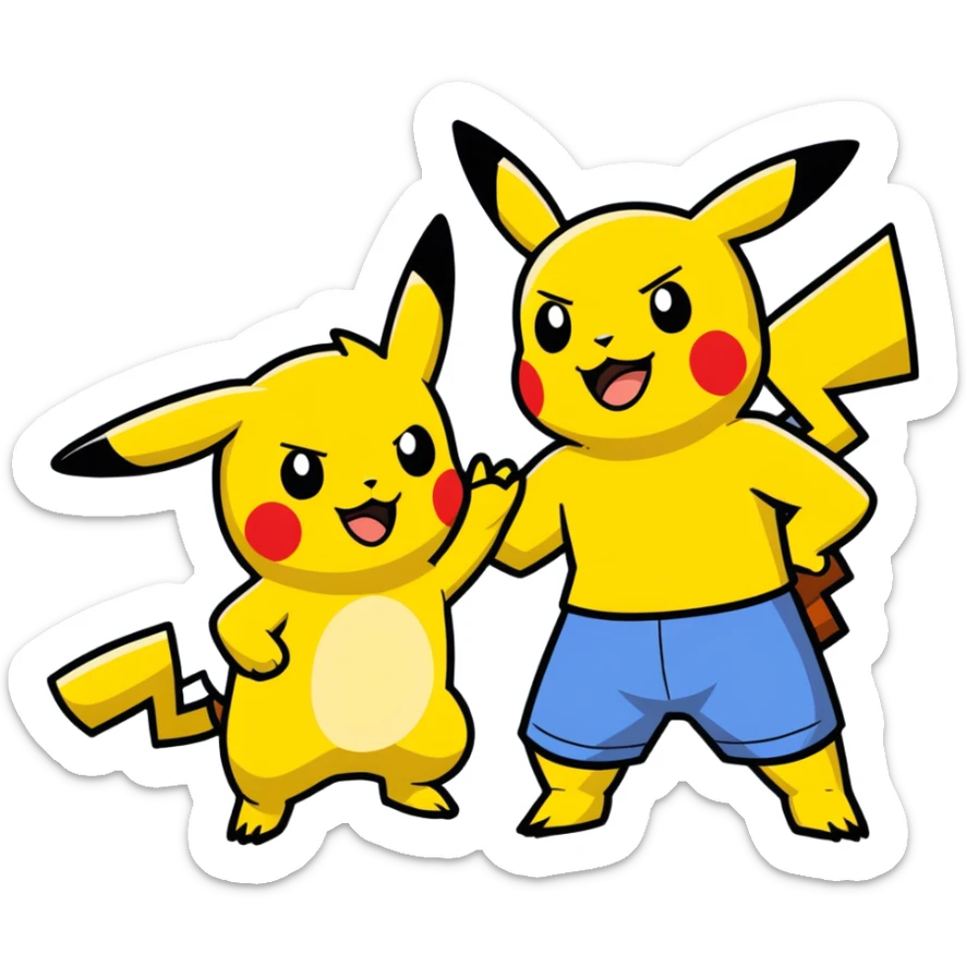 Hot handsomeb muscular 6ft tall smiling happy fun shirtless Ash Ketchum giving Pikachu a high five sticker