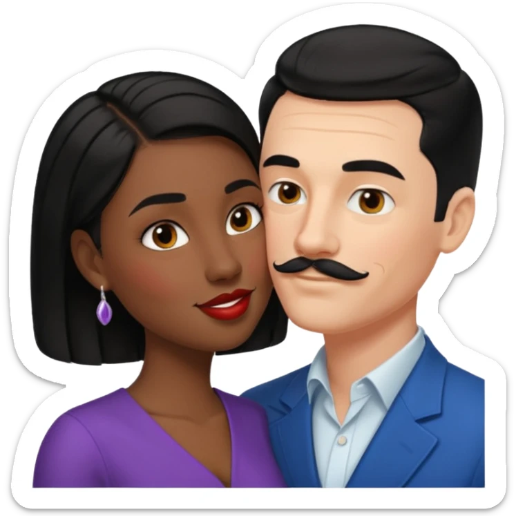 white man, black hair, slicked back, mustache kissing black woman with short black hair emoji sticker
