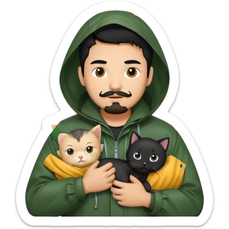 A Thai man with black hair, tanned skin, a small mustache and beard, wearing a dark green raincoat, and carrying a black kitten sticker