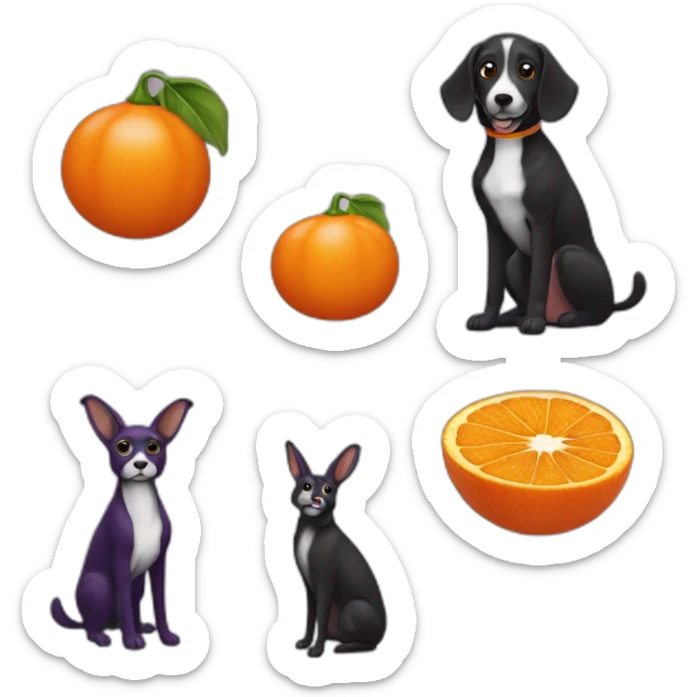 Donne-moi un chien donnant une claque à une aubergine orange qui appartient à un lapin noir sticker
