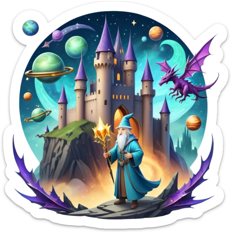 Icon for Fantasy and Sci-Fi Movies: A magical collage with flying dragons and futuristic spaceships. Stars and planets shimmer in the background with a mystical castle Hogvards and an ancient wizard holding a staff. The atmosphere is epic, otherworldly and adventurous. Transparent background. sticker
