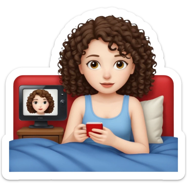 A girl, brunette with curly hair down to her shoulders, watching TV. Have her lie down on the bed, and put on Netflix on the TV. sticker