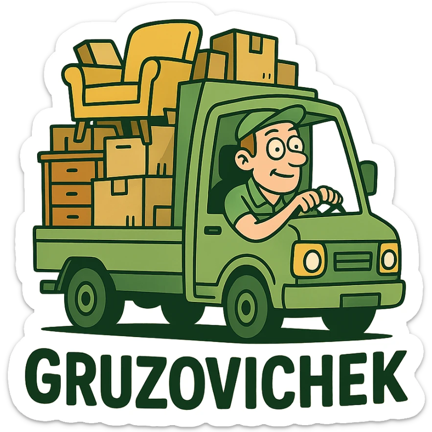 logo of a truck with boxes and furniture, flat style, green and yellow colors, for furniture delivery 'Gruzovichek' sticker