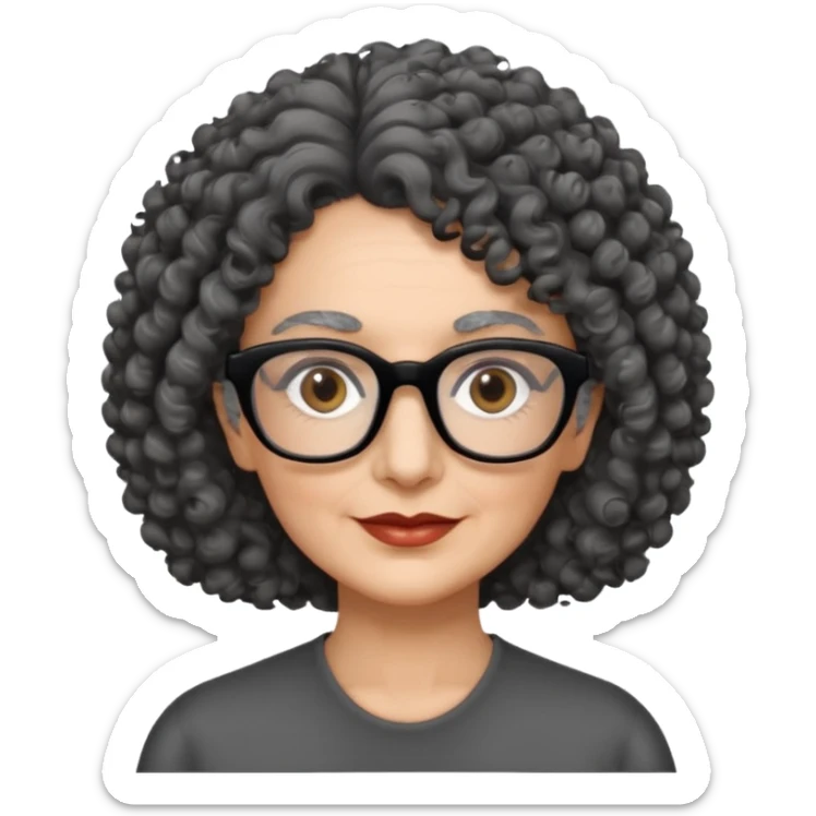 femme 60 ans cheveux gris foncé très bouclé et yeux marrons foncé, lunettes rectangle noir sticker