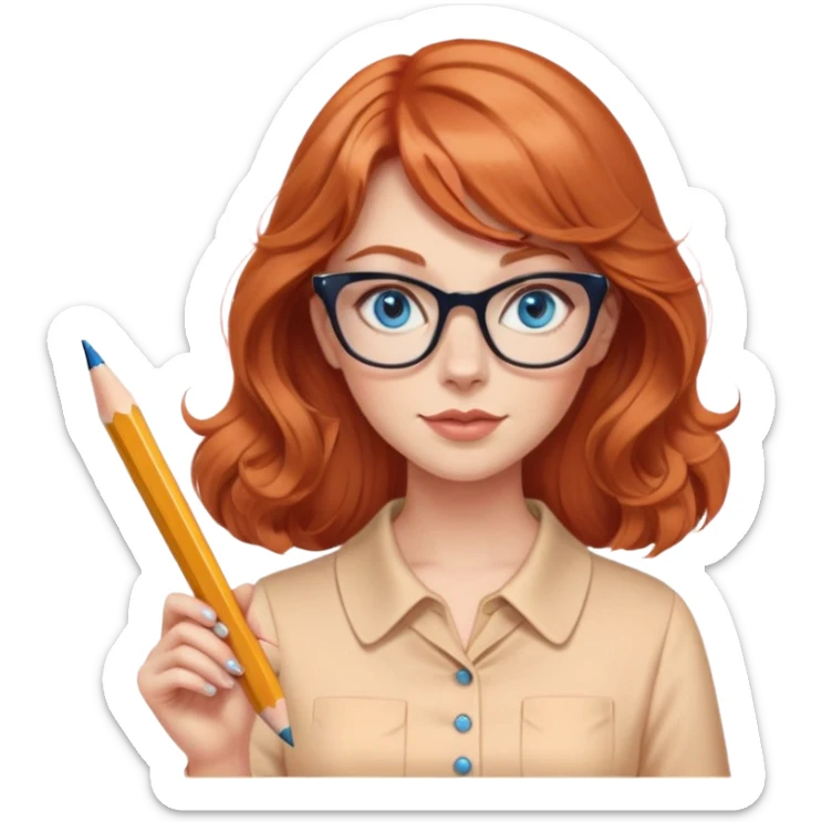 redheaded woman with long wavy hair and bangs, blue eyes, cat-eye glasses, pencil skirt, apricot blouse, holding a pencil sticker