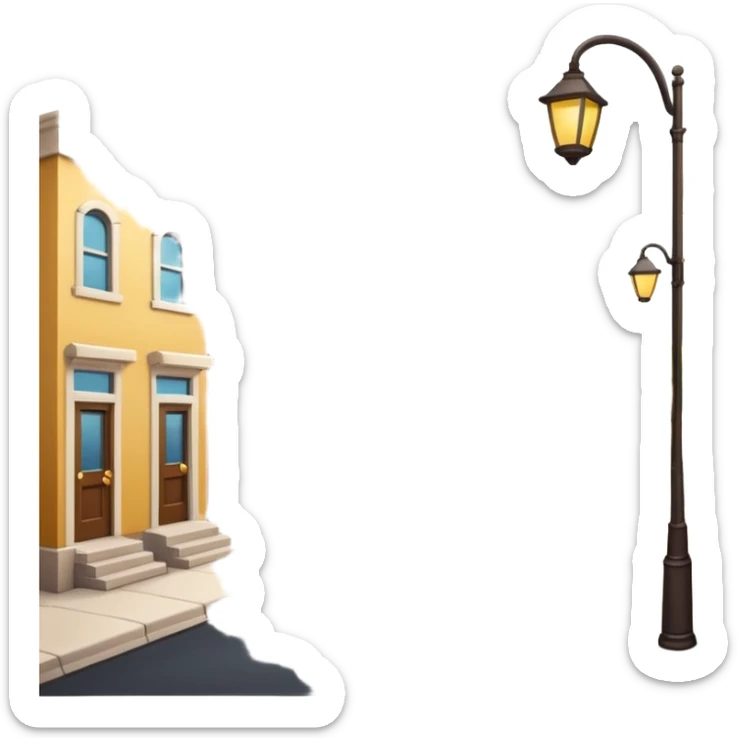 emoji of a small cozy street scene — a narrow road with a sidewalk, a few colorful buildings on the sides, and a streetlight. Soft daylight, clean design, minimal background, cheerful and detailed Apple emoji style sticker