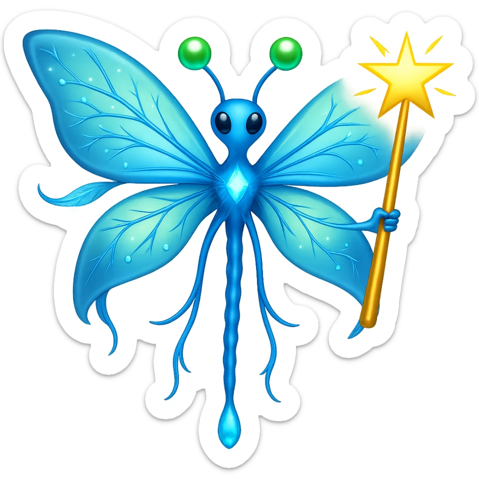 Add a magic wand to the neuron with fairy wings in the style of apple emojis, keeping the apple emoji style exactly, no background. sticker