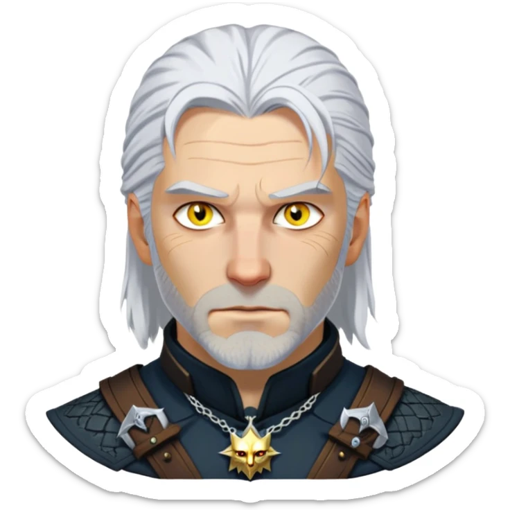 Geralt of Rivia with white hair, yellow cat eyes, and witcher medallion sticker