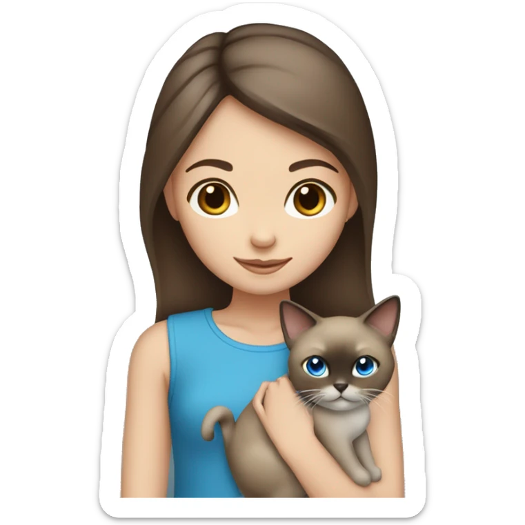brown hair and eyes girl holding blue eyed siamese cat sticker