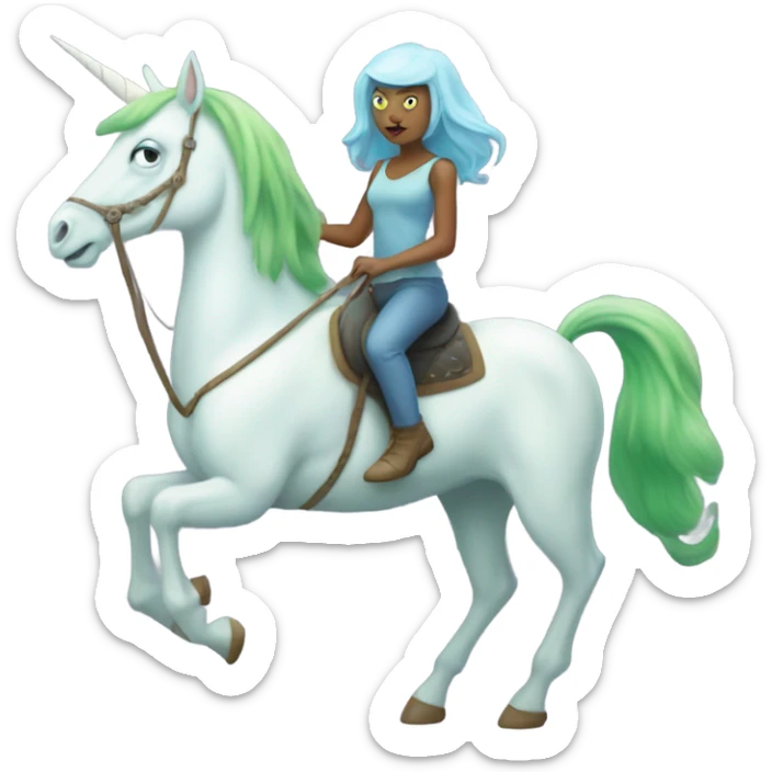 [politically incorrect
	{ woman: alien, color: light green, hair:red, eyes:cat} ]
	on a 
	[{ unicorn: white, legged:four, mane: light blue }] sticker