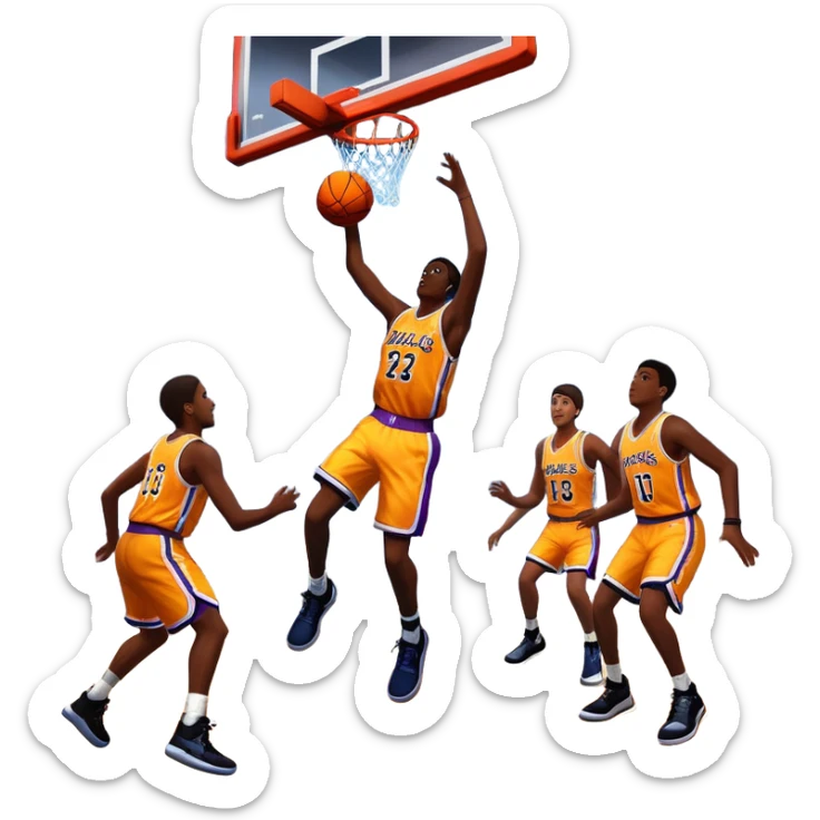 An icon featuring a basketball court with players in action, inspired by NBA 2K25. A player jumps for a dunk, with the ball mid-air. Bright lights illuminate the court, symbolizing the excitement of sports simulation games. Transparent background emphasizes the energy. sticker