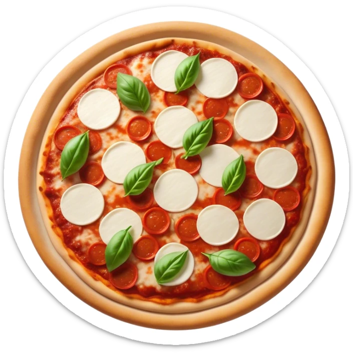 Cinematic Realistic Pizza Napoletana Dish Emoji, depicted as a classic thin‚Äêcrust pizza topped with vibrant tomato sauce, fresh mozzarella, and basil rendered with mouth‚Äêwatering textures and warm natural lighting. sticker