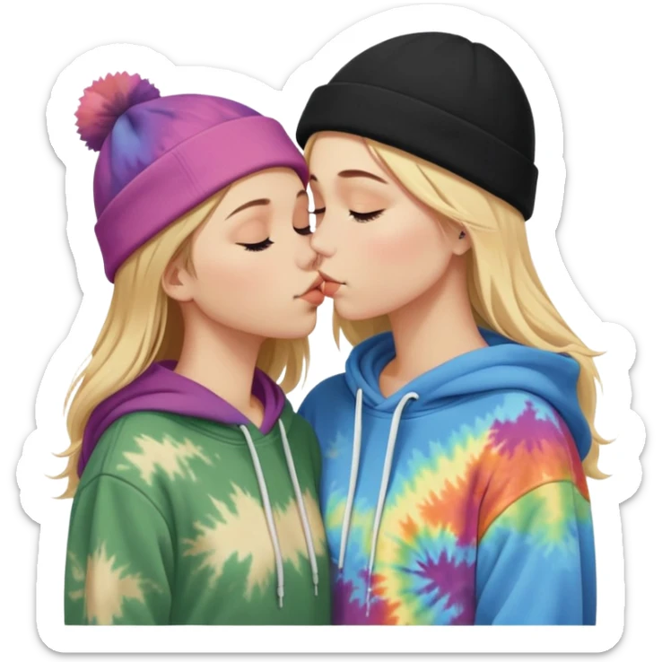 Short brown haired white girl in a hoodie and a black beanie kissing a tall short long blonde haired girl wearing a black beanie and a tiedye hoodie. make ther brunette shorter than the blonde sticker