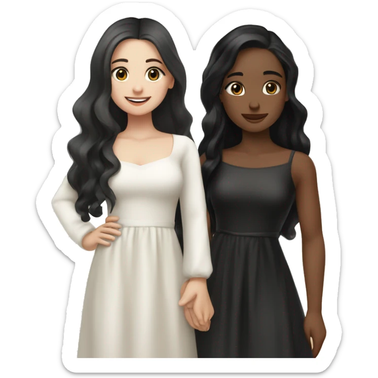 two girl cuddling and smiling one of them wavy long black hair and blue eyes and white skin and the other one has brown long straight hair and brown eyes and white sking both of them beautiful and wearing black cute dress sticker