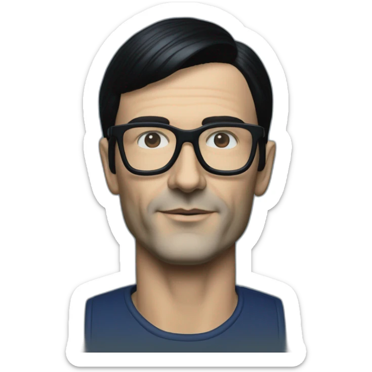 photo realistic Ralf Hutter from Kraftwerk, short straight black hair, black glasses, Dark Blue T-shirt, lean, right view sticker