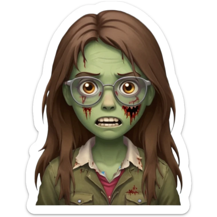 Girl zombie with brown long hair with teeth and serious face IOS style with glasses sticker