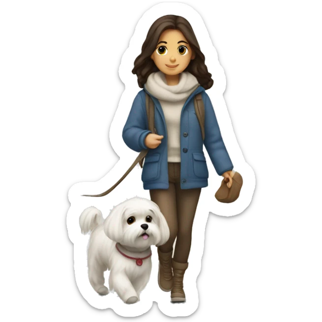 A brunette girl wearing a cozy outfit walking with a Maltese  sticker