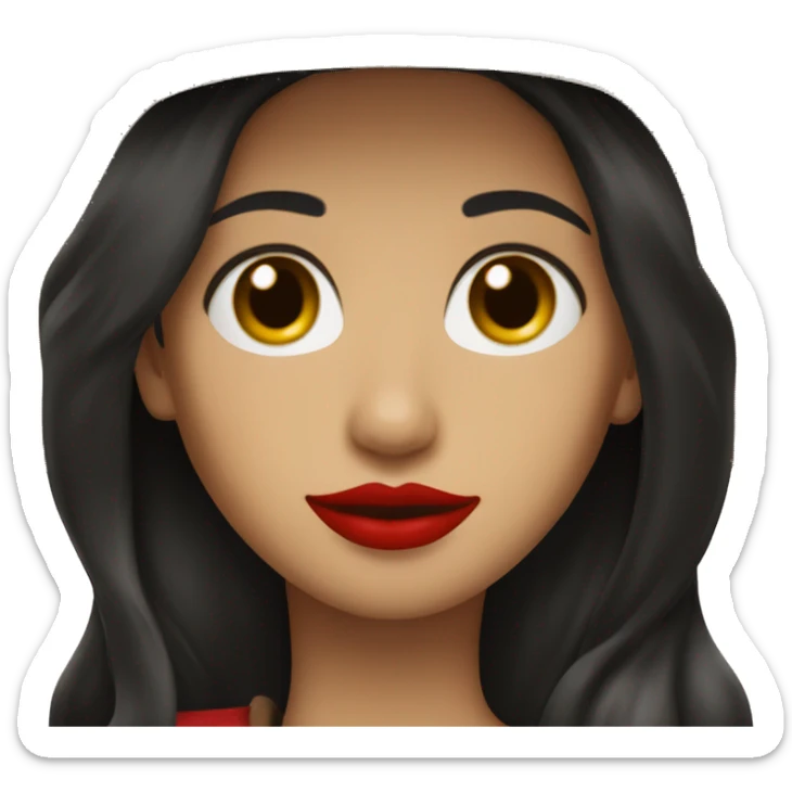 straight black hair,red lipstick,hazel eyes, white skin, a small nose and a cowboy hat  sticker