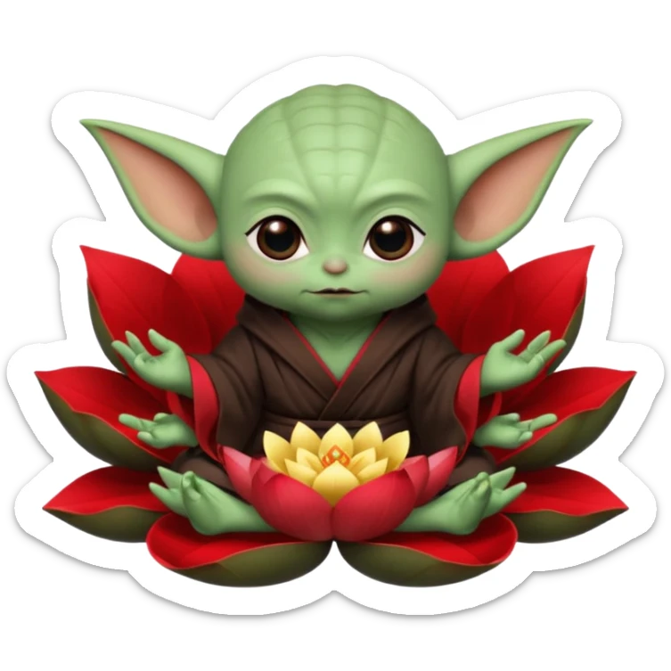 Baby Yoda con su tunica chocolate oscuro sentado dentro de una flor de loto estilo chino algunos contrastes en rojo sticker
