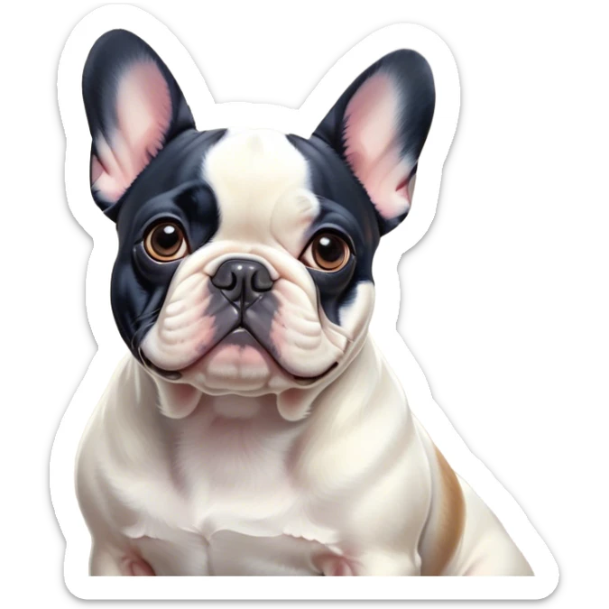 Cinematic Noble Pied French Bulldog Portrait Emoji, Radiating regal yet playful charm, with a distinctive pied fur of contrasting hues and a sculpted, expressive face featuring gentle, wise eyes and a confident stance, simplified yet artistically detailed, glowing with a soft, sophisticated radiance, high shine, exuding intelligent nobility and refined flair, soft glowing outline, capturing the essence of a noble Pied French Bulldog that embodies both strength and grace! sticker