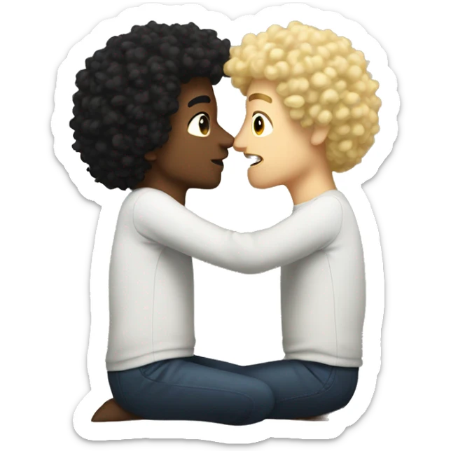 man with black curly hair kissing man with blonde fluffy hair sticker