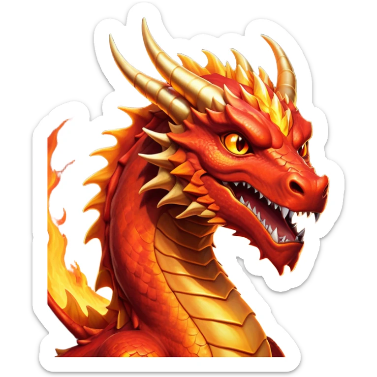 cinematic-noble-fierce-fire-dragon-portrait-emoji,-poised-and-imposing,-with-a-muscular,-scaled-body-ablaze-in-fiery-hues-of-crimson,-molten-orange,-and-molten-gold,-and-intense,-burning-eyes-that-mirror-the-heart-of-a-volcano;-rendered in detail sticker