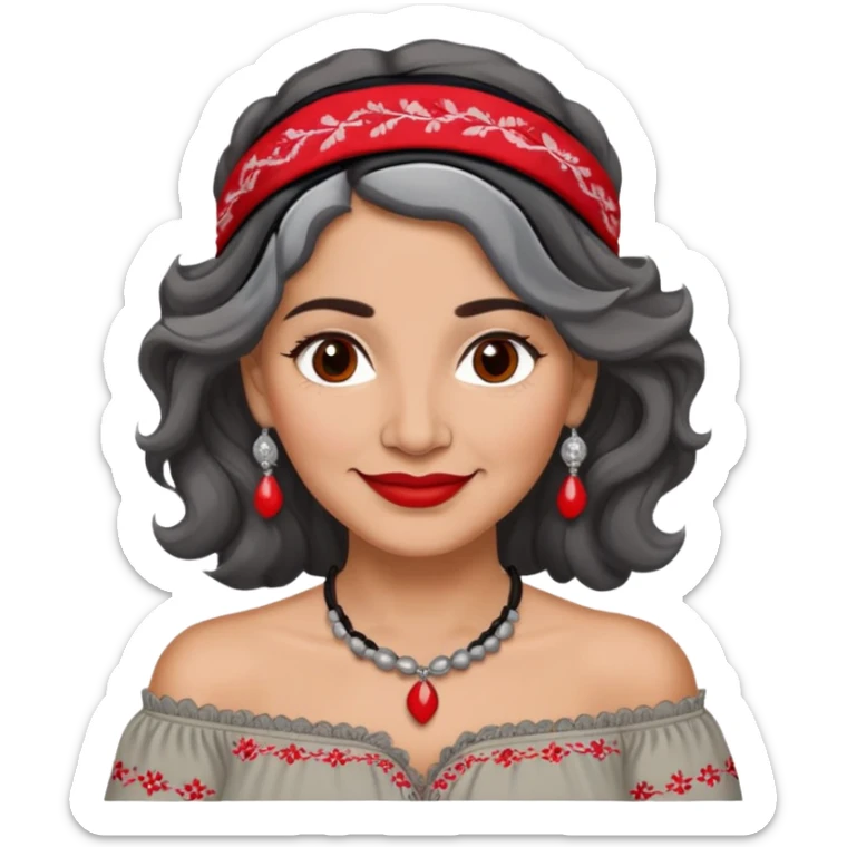 Latina woman, 50 years old, warm light brown skin, round face, wavy black and gray hair, red and white headband, medium eyes, thin eyebrows, kind smile, gray peasant blouse, embroidery, bare shoulders, large dark necklace sticker