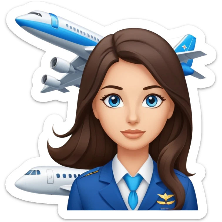 Brunette flight attendant with blue eyes long hair in front of a plane  sticker