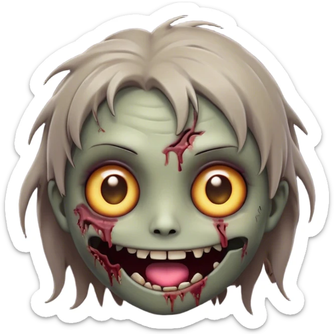Cinematic Cute Zombie Portrait Emoji, with a delightfully quirky, slightly disheveled face in muted ashen hues, featuring quirky bright eyes and a playful, stitched-together smile, simplified yet irresistibly charming, highly detailed with a soft glowing outline that captures the adorable, offbeat spirit of a zombie who’s more cute than creepy! sticker