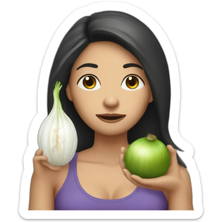 sick dark long hair yoga teacher feminine with an stinking onion in her hands sticker