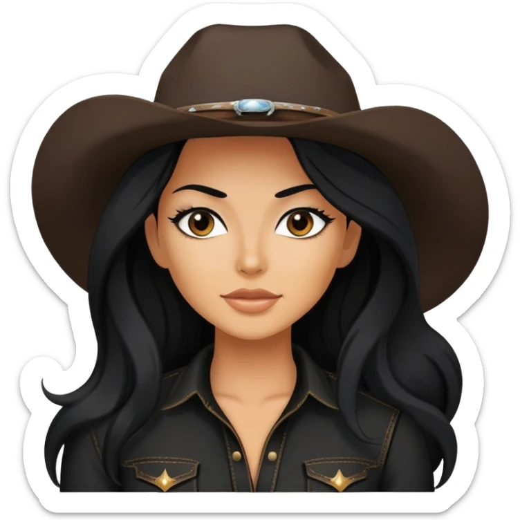 hot tanned woman with long black hair cowgirl style wearing black outfit sticker