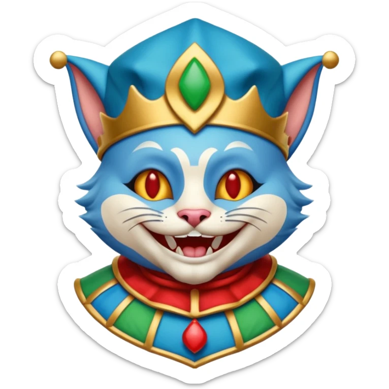 crazy colorful cute little cat jolly joker from poker, medieval, vintage, court jester, mac os icon, blue color sticker