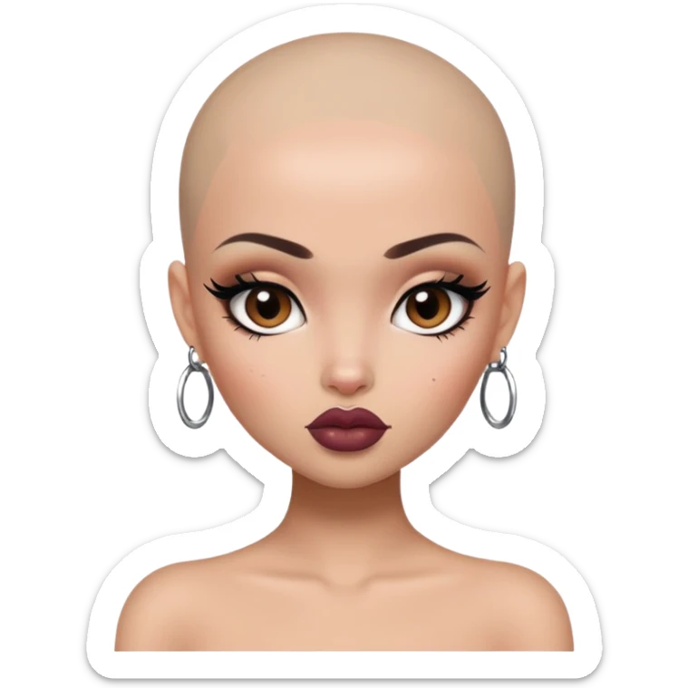 bald, pretty lips, pale tattoed skin,  dark brown eyes, pretty bratz baddie, black eyeliner sticker