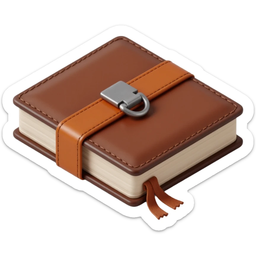 leather-textured notebook icon in skeuomorphism style with stitching details and realistic shading sticker