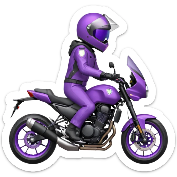 Créer un emoji avec une moto mt07 sport noir mate / violet iridescent très foncé. Avec une pilote dessus visière violet sombre faceless, bulle de la moto violet. Avec fond arrière violet, tenue complète casque inclus violet  sticker