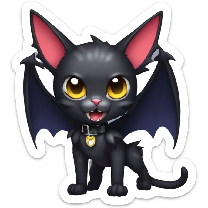  cool edgy kawaii dark-themed animal vampiric cat-hybrid Fakemon with fangs and bat-wing-ears with a collar full body sticker