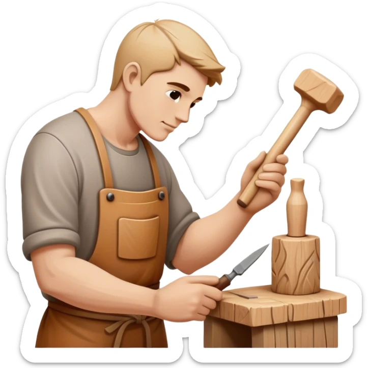 Wood carving a wooden sculpture, chisel and mallet in hand, carved wooden figure in progress, natural wood texture, minimalistic style, clean lines, transparent background. sticker