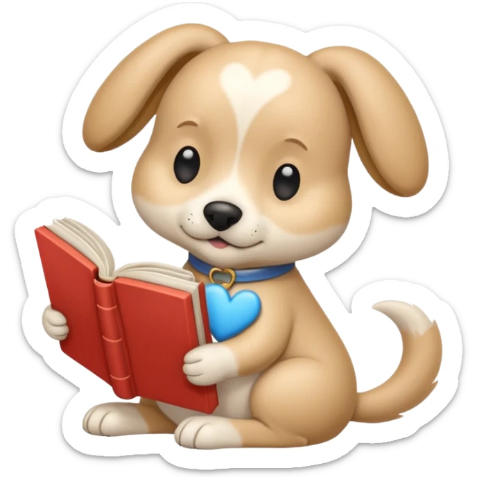 Beige dog reading a sky color book And a big white heart on the back sticker