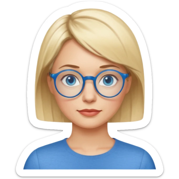 femme 40 ans cheveux courts garçon blond ave raie sur le coté, yeux bleu et lunettes rondes bleues sticker